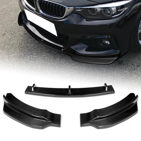 2014-2019 BMW F32 F33 F36 4-Series M-Sport Real Carbon Fiber 3-Piece Front Bumper Body Spoiler Splitter Lip Kit with Fenders Bumper Badge