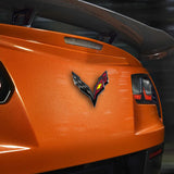 2 pcs Front and Rear Logo Set 2015-2019 Chevrolet Corvette Stingray Flag Crossed NEW Black Carbon Fiber Flash Emblems