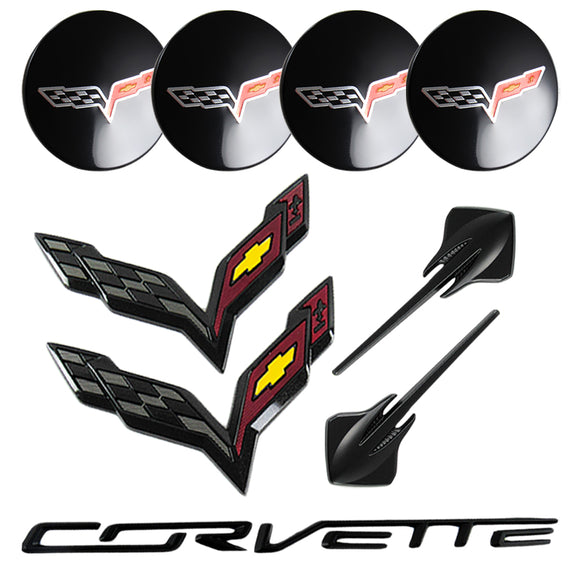 9 pcs Set 2015-2019 Chevrolet Corvette Stingray Crossed Flags NEW Black Carbon Fiber Flash Emblems