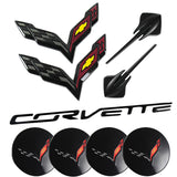 8 pcs Set 2015-2019 Chevrolet Corvette Stingray Crossed Flags Black Carbon Fiber Flash Emblems NEW
