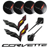 9 pcs Set 2015-2019 Chevrolet Corvette Stingray Crossed Flags NEW Black Carbon Fiber Flash Emblems