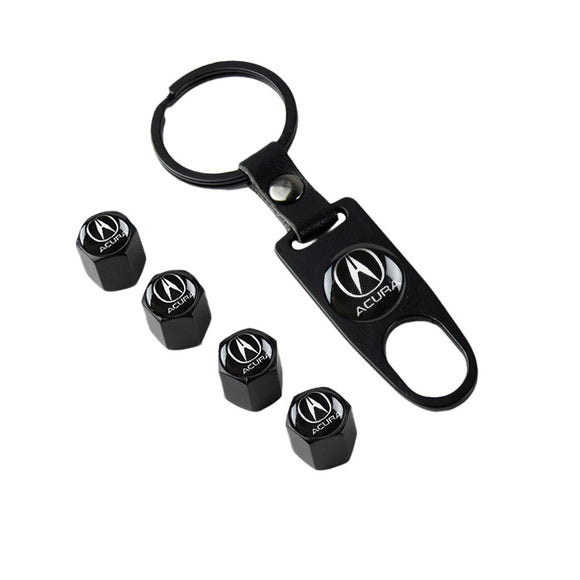 ACURA Black Car Wheel Tire Valves Dust Stem Air Caps Keychain Emblem KEY FOB Set - US SELLER