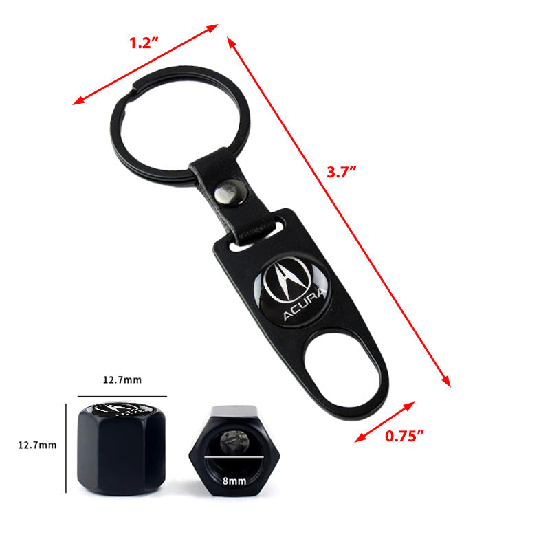 JDM Racing Car Wheel Tire Valve Dust Stem Caps + Keychain Emblem Set – Stainless Steel