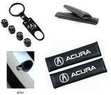 ACURA Set of Black Car Wheel Tire Valves Dust Stem Air Caps Keychain with Black Carbon Fiber Look Seat Belt Covers
