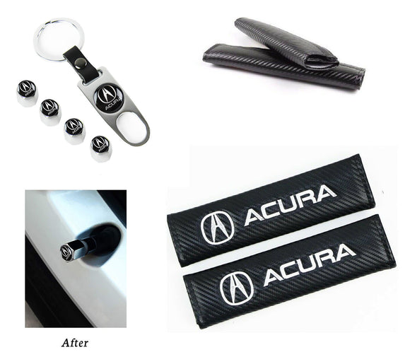 ACURA Set of Silver Car Wheel Tire Valves Dust Stem Air Caps Keychain with Black Carbon Fiber Look Seat Belt Covers