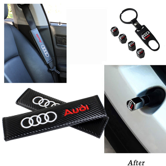 AUDI Set of Black Car Wheel Tire Valves Dust Stem Air Caps Keychain with Black Carbon Fiber Look Seat Belt Covers