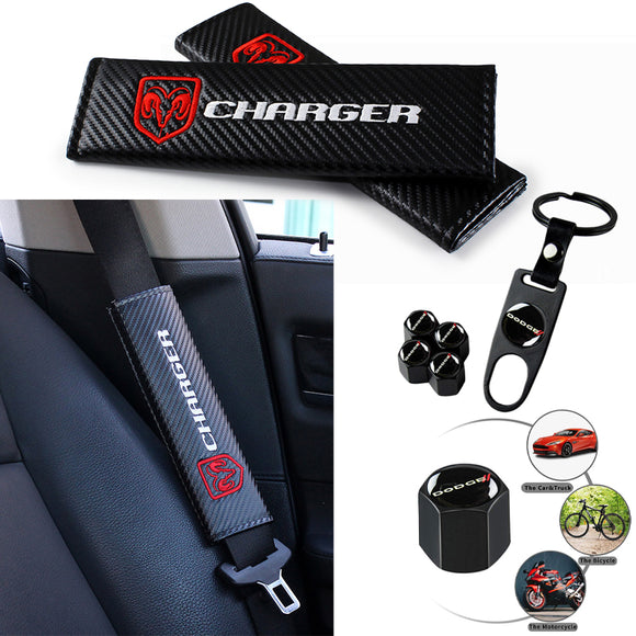 Dodge Charger Set of Black Car Wheel Tire Valves Dust Stem Air Caps Keychain with Black Carbon Fiber Look Seat Belt Covers