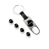 Dodge Charger Set of Silver Car Wheel Tire Valves Dust Stem Air Caps Keychain with Black Carbon Fiber Look Seat Belt Covers