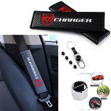 Dodge Charger Set of Silver Car Wheel Tire Valves Dust Stem Air Caps Keychain with Black Carbon Fiber Look Seat Belt Covers