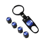 Ford Racing Black Set of Car Wheel Tire Valves Dust Stem Air Caps Keychain with Carbon Fiber Look Seat Belt Covers