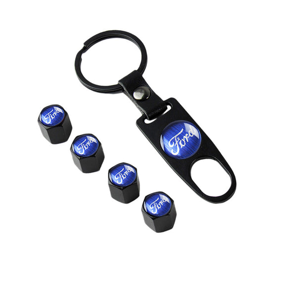 FORD Car Wheel Tire Valves Dust Stem Air Caps Keychain Emblem KEY FOB Black Set - US SELLER