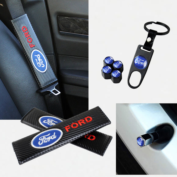 Ford Black Set of Car Wheel Tire Valves Dust Stem Air Caps Keychain with Carbon Fiber Look Seat Belt Covers