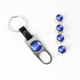 Ford Racing Set of Silver Car Wheel Tire Valves Dust Stem Air Caps Keychain with Carbon Fiber Look Seat Belt Covers