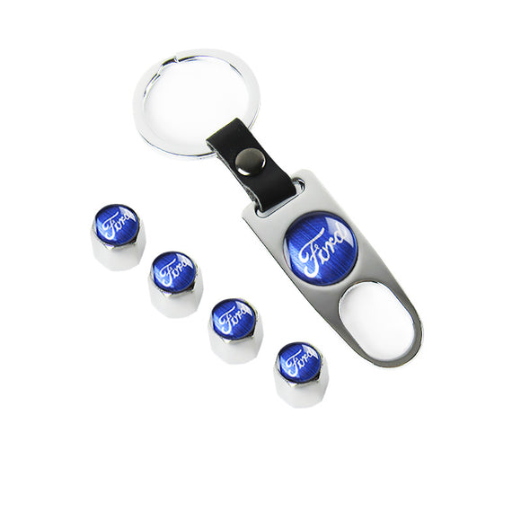 FORD Car Wheel Tire Valves Dust Stem Air Caps Keychain Emblem KEY FOB Silver Set - US SELLER