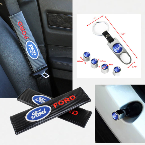 Ford Set of Silver Car Wheel Tire Valves Dust Stem Air Caps Keychain with Carbon Fiber Look Seat Belt Covers