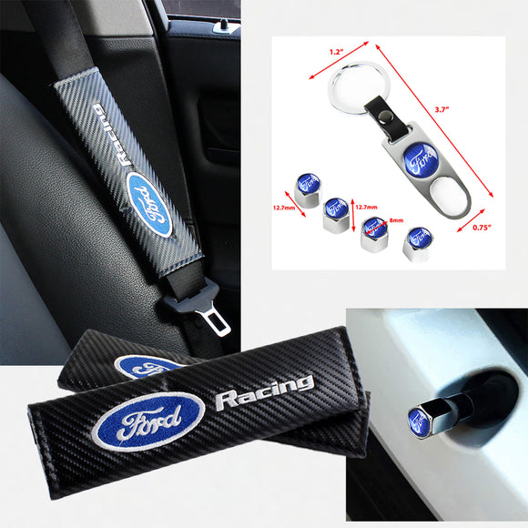 Ford Racing Set of Silver Car Wheel Tire Valves Dust Stem Air Caps Keychain with Carbon Fiber Look Seat Belt Covers