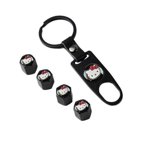 Hello Kitty Car Wheel Tire Valves Dust Stem Air Caps Keychain Emblem KEY FOB Black Set - US SELLER
