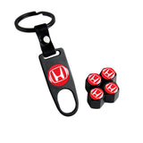 Honda Civic Car Wheel Tire Valves Dust Stem Air Caps Keychain Emblem KEY FOB Black Set - US SELLER