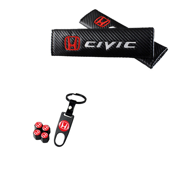 Honda Civic Set of Black Tire Valves Dust Stem Air Caps Keychain with Black Carbon Fiber Look Seat Belt Covers