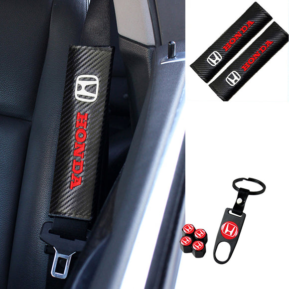 Honda Set of Black Tire Valves Dust Stem Air Caps Keychain with Black Carbon Fiber Look Seat Belt Covers