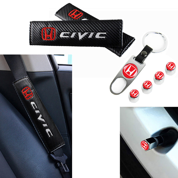 Honda Civic Set of Silver Car Wheel Tire Valves Dust Stem Air Caps Keychain with Black Carbon Fiber Look Seat Belt Covers