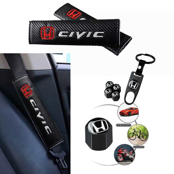 Honda Civic Set of Black Car Wheel Tire Valves Dust Stem Air Caps Keychain with Black Carbon Fiber Look Seat Belt Covers