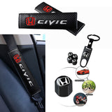 Honda Civic Set of Black Car Wheel Tire Valves Dust Stem Air Caps Keychain with Black Carbon Fiber Look Seat Belt Covers