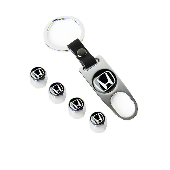 Honda Civic Silver Car Wheel Tire Valves Dust Stem Air Caps Keychain Emblem KEY FOB Set - US SELLER