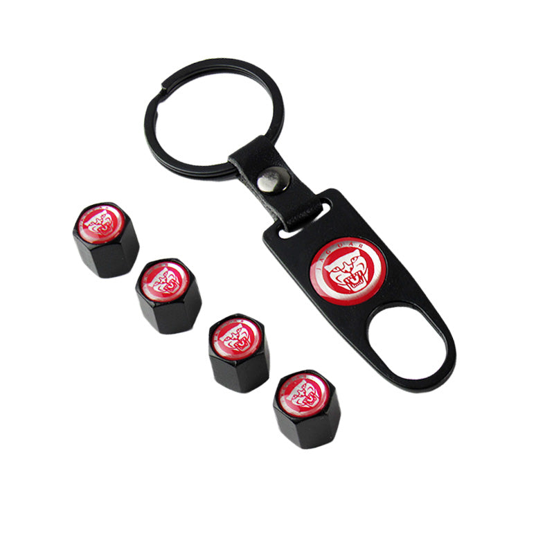 Car Keychain With 4 Tire Valve Caps Set - Alloy & Leather Key Ring With Copper Stem Caps, Black