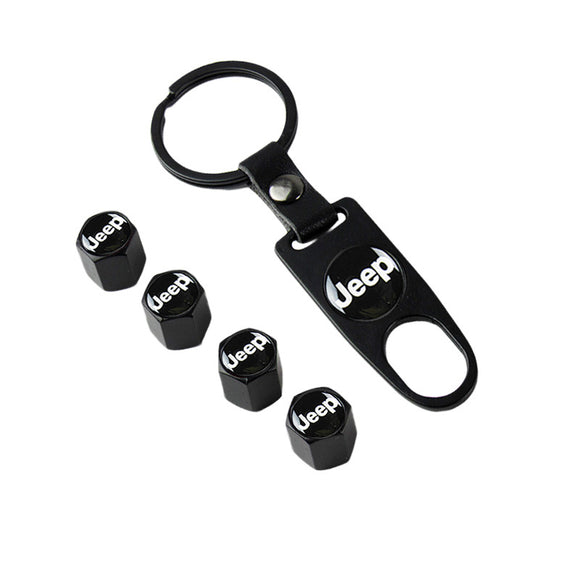 JEEP Universal Black Car Wheel Tire Valves Dust Stem Air Caps Keychain Emblem KEY FOB Set - US SELLER
