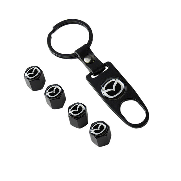 Mazda Universal Car SUV Wheel Tire Valves Dust Stem Air Caps Keychain Emblem Black Set