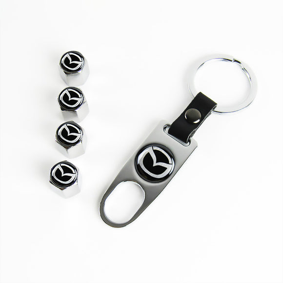 Mazda Universal Car SUV Wheel Tire Valves Dust Stem Air Caps Keychain Emblem Silver Set