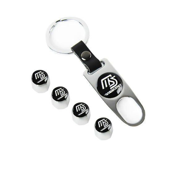 MS Mazda Speed Universal Car SUV Wheel Tire Valves Dust Stem Air Caps Keychain Emblem Silver Set