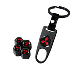 MITSUBISHI LOGO Set Emblems with Black Tire Wheel Valves Air Caps Keychain - US SELLER