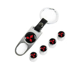 MITSUBISHI LOGO Set Emblems with Silver Keychain Tire Wheel Valves Air Caps - US SELLER