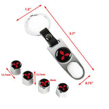MITSUBISHI LOGO Set Emblems with Silver Keychain Wheel Tire Valves Air Caps - US SELLER