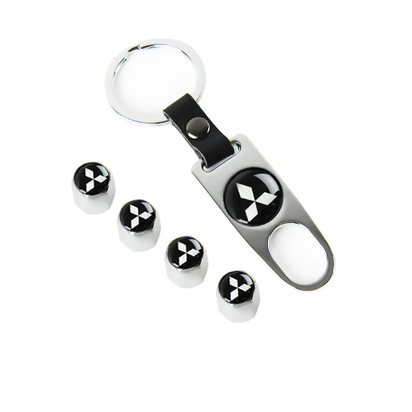 Silver MITSUBISHI Universal Car SUV Wheel Tire Valves Dust Stem Air Caps Keychain Emblem Set