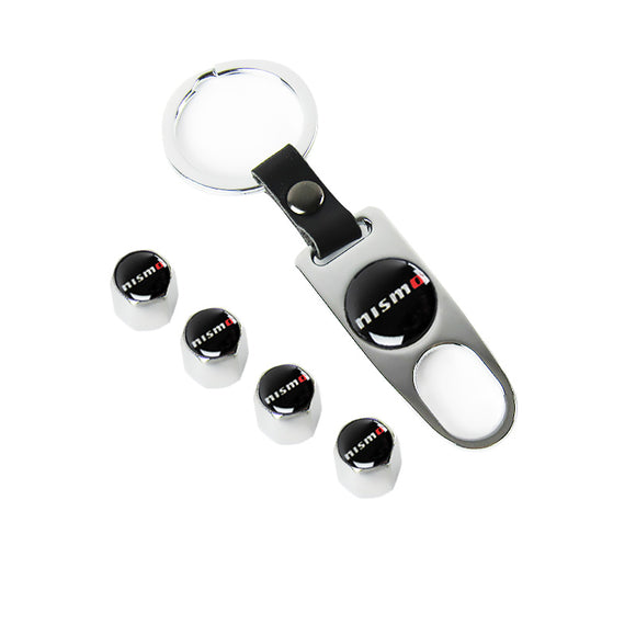 JDM NISMO Universal Car SUV Wheel Tire Valves Dust Stem Air Caps Keychain Emblem Silver Set