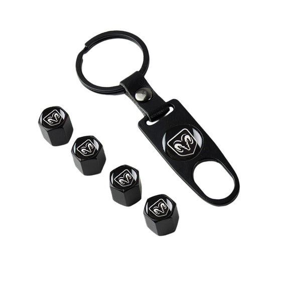 DODGE RAM Car Wheel Tire Valves Dust Stem Air Caps Keychain Emblem KEY FOB Black Set - US SELLER