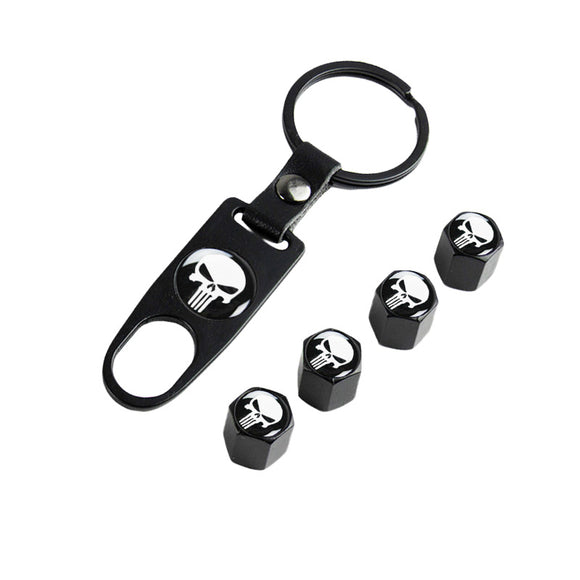 The Punisher Skull Car Wheel Tire Valves Dust Stem Air Caps Keychain Emblem Set