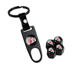 AUDI Black Set LOGO Emblems with SLINE Wheel Tire Valves Air Caps Keychain - US SELLER