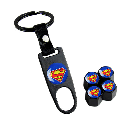 Superman Logo Universal Car SUV Wheel Tire Valves Dust Stem Air Caps Keychain Emblem Black Set