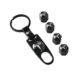 TESLA Set LOGO Emblems with Black Keychain Tire Valves Wheel Air Caps - US SELLER
