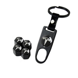 TESLA Universal Car SUV Wheel Tire Valves Dust Stem Air Caps Keychain Emblem Black Set