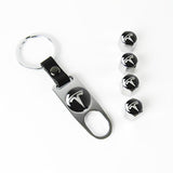TESLA Set LOGO Emblems with Silver Tire Valves Wheel Air Caps Keychain - US SELLER