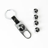 TESLA Set LOGO Emblems with Silver Tire Wheel Valves Air Caps Keychain - US SELLER