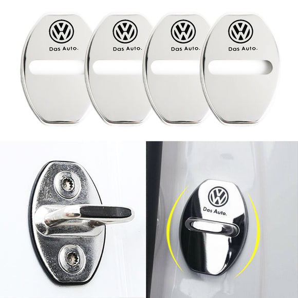 Silver Volkswagen VW Stainless Steel Door Lock Door Striker Buckle Lock Protective Cover Set - 4 pcs