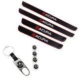 Acura Set 4PCS Car Door Rubber Scuff Sill Panel Step Protector with Wheel Tire Valves Dust Stem Air Caps Keychain