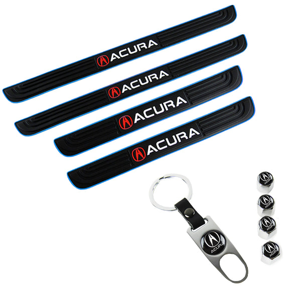 Acura Set 4PCS Car Door Rubber Scuff Sill Panel Step Protector with Keychain Tire Wheel Valves Dust Stem Air Caps