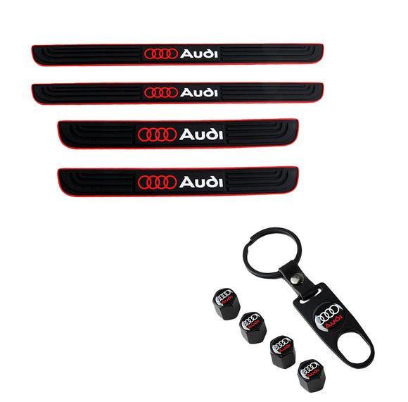 Audi Set 4PCS Car Door Rubber Scuff Sill Panel Step Protector with Keychain Wheel Tire Valves Dust Stem Air Caps